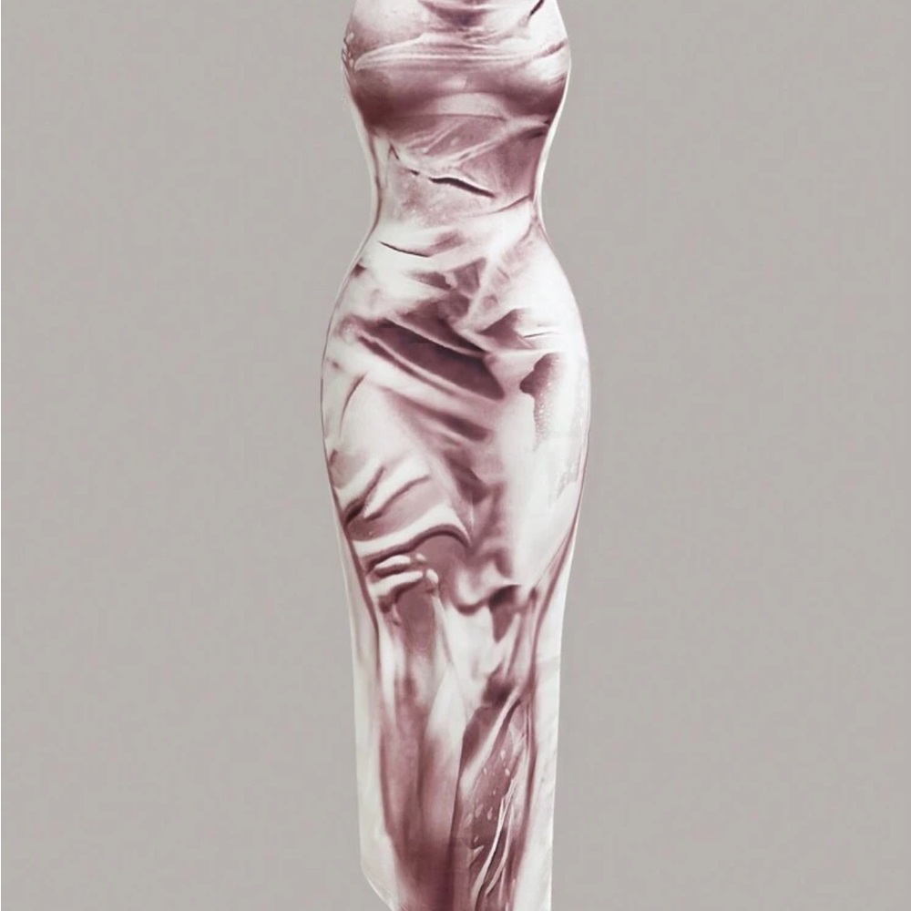 SHEIN Strapless Marble Print Dress - Pink and White